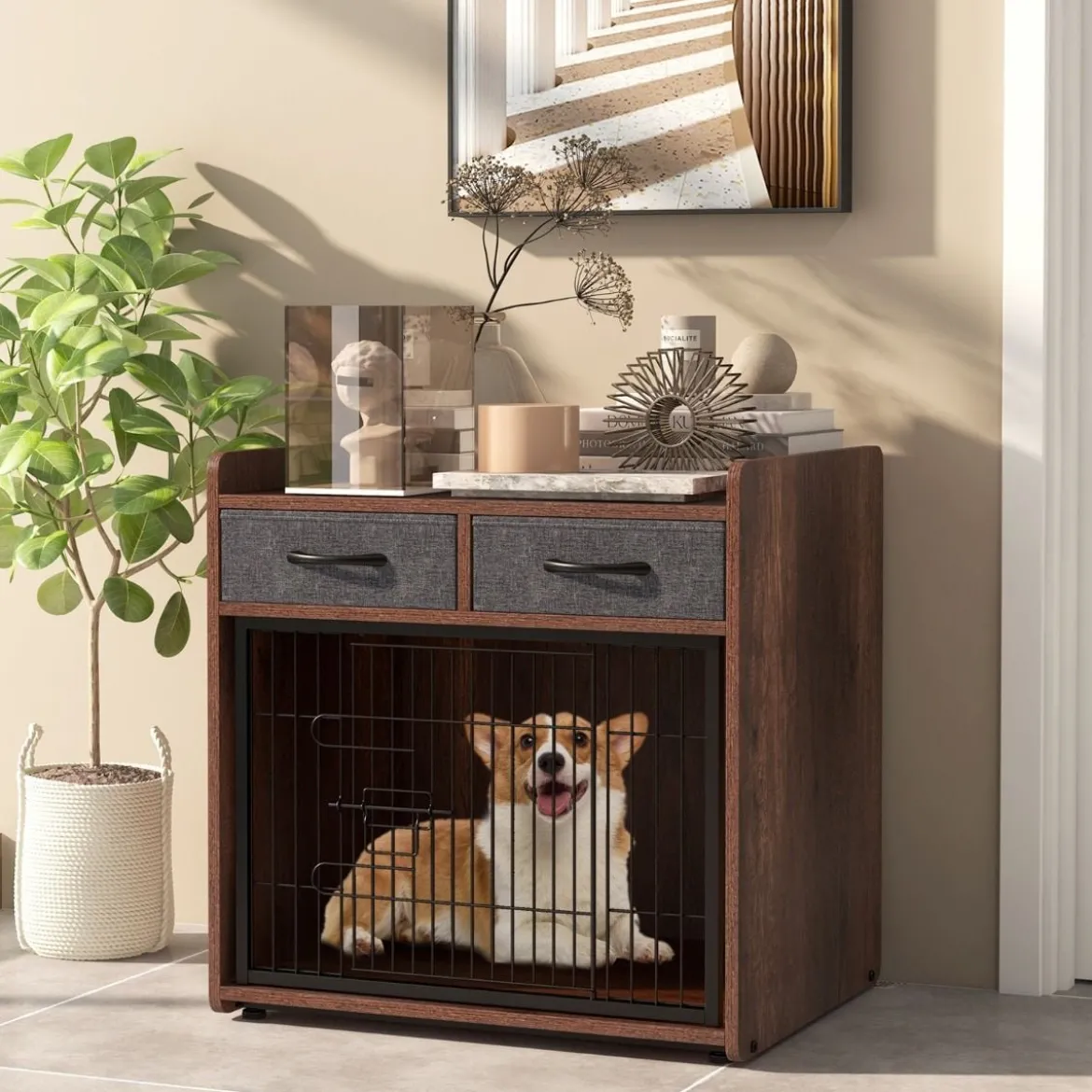 2 in 1 Hundekäfig Beistelltisch mit Abschließbarer Tür & 2 Stoffschubladen Tierkäfig Hundebox