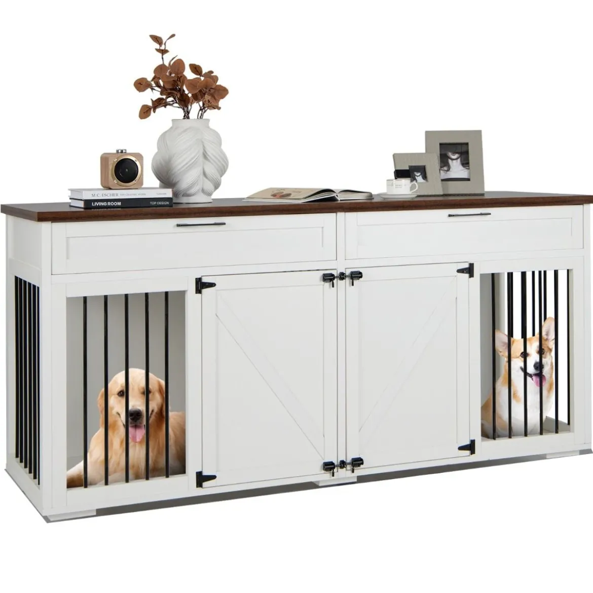 3 in 1 Hundekäfig mit 2 Türen & 2 Schubladen & Trennwand Hundebox im Möbelstil Weiß