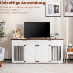 3 in 1 Hundekäfig mit 2 Türen & 2 Schubladen & Trennwand Hundebox im Möbelstil Weiß