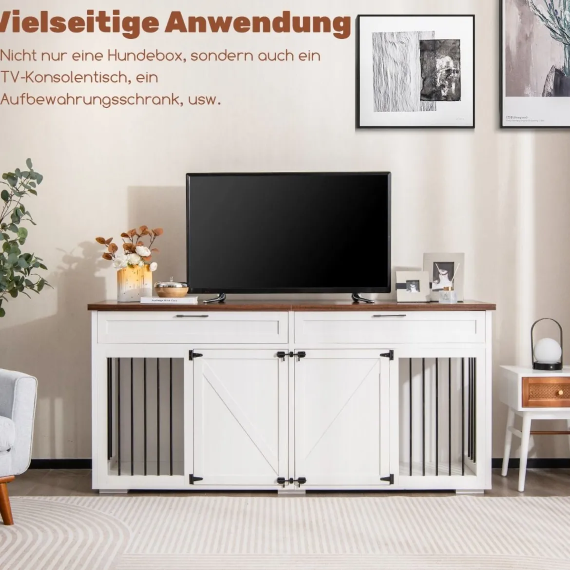 3 in 1 Hundekäfig mit 2 Türen & 2 Schubladen & Trennwand Hundebox im Möbelstil Weiß