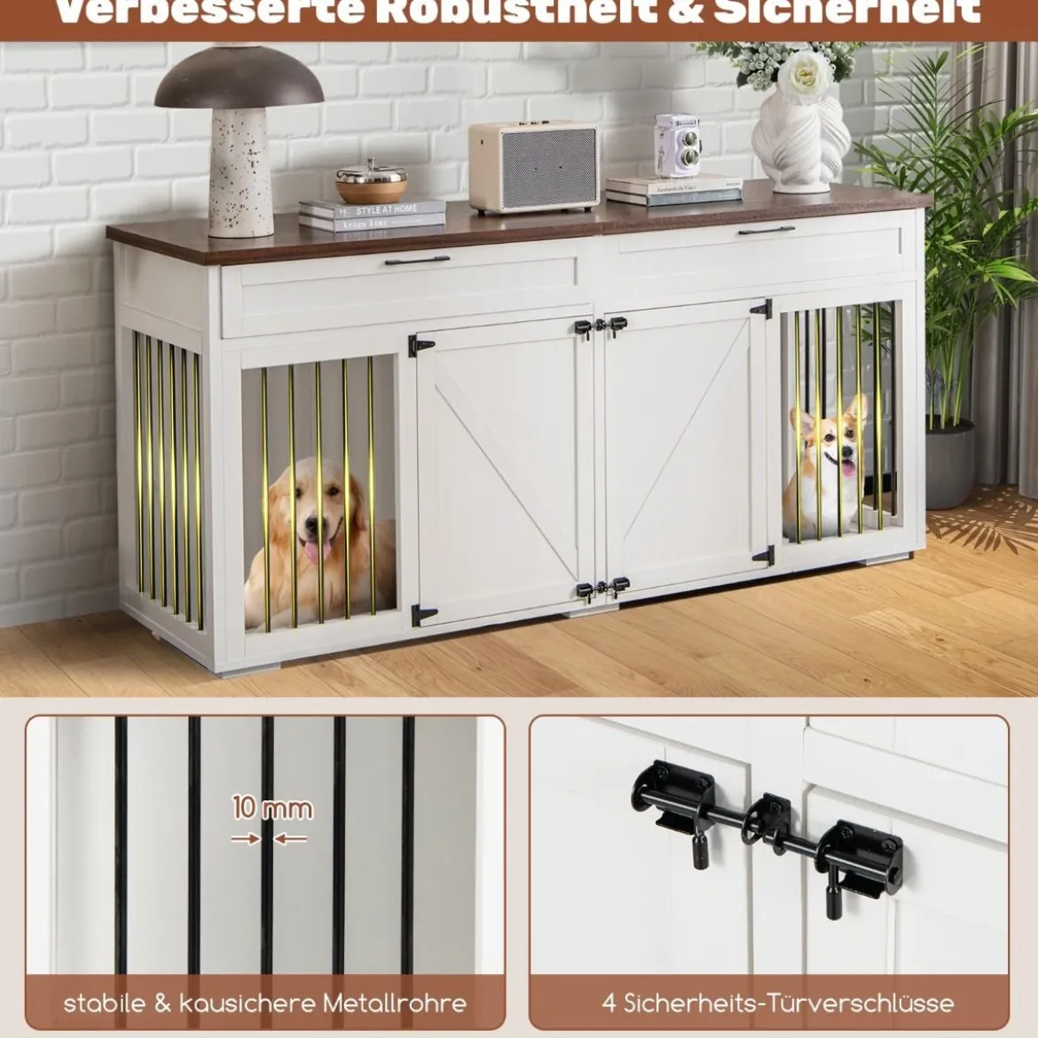 3 in 1 Hundekäfig mit 2 Türen & 2 Schubladen & Trennwand Hundebox im Möbelstil Weiß