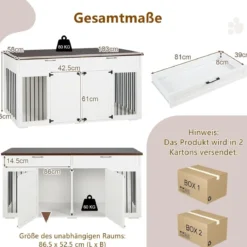 3 in 1 Hundekäfig mit 2 Türen & 2 Schubladen & Trennwand Hundebox im Möbelstil Weiß