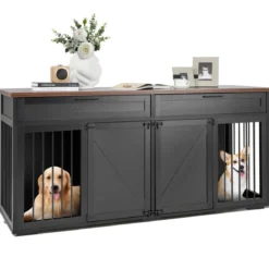 3 in 1 Hundekäfig mit 2 Türen & 2 Schubladen & Trennwand Hundebox im Möbelstil Schwarz
