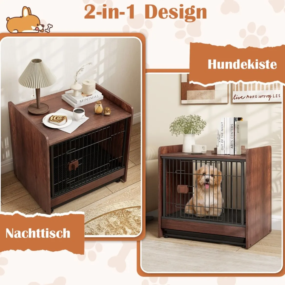 2 in 1 Hundekäfig Nachttish mit Abschließbarer Tür & Abnehmbarem Tablett Tierkäfig Hundebox