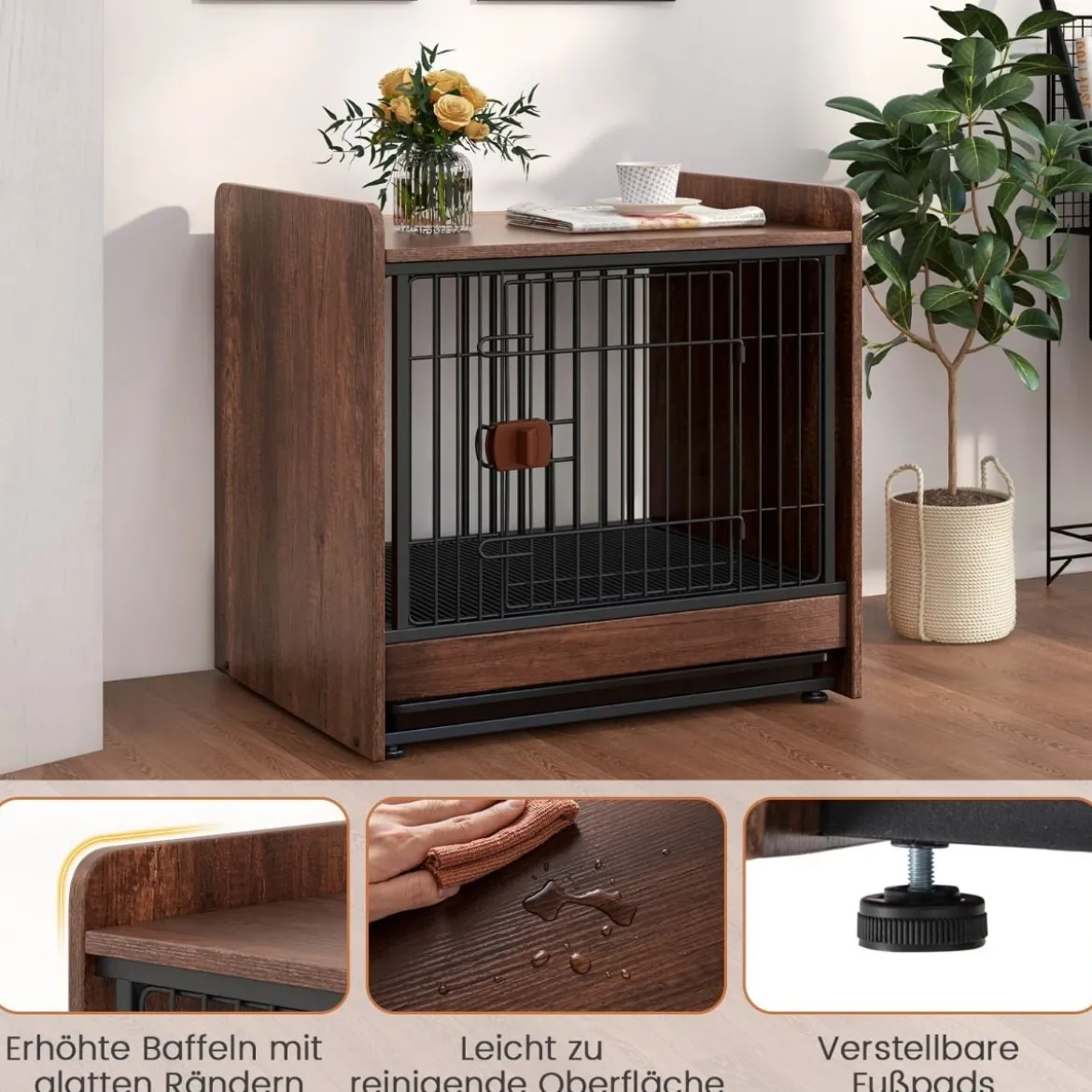2 in 1 Hundekäfig Nachttish mit Abschließbarer Tür & Abnehmbarem Tablett Tierkäfig Hundebox