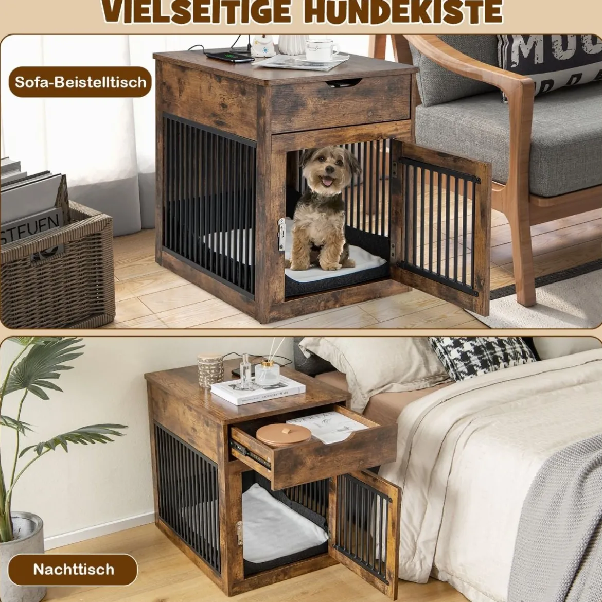 2 in 1 Hundekäfig Nachttish mit Ladestation & abschließbarer Tür & Schublade Braun