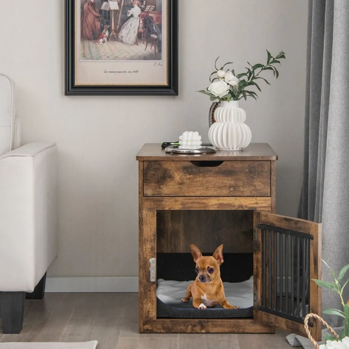 2 in 1 Hundekäfig Nachttish mit Ladestation & abschließbarer Tür & Schublade Braun