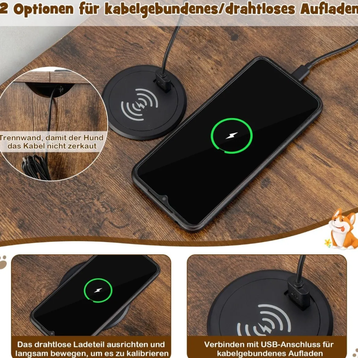 2 in 1 Hundekäfig Nachttish mit Ladestation & abschließbarer Tür & Schublade Braun