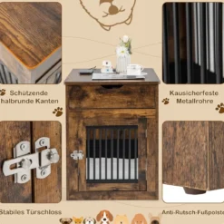 2 in 1 Hundekäfig Nachttish mit Ladestation & abschließbarer Tür & Schublade Braun