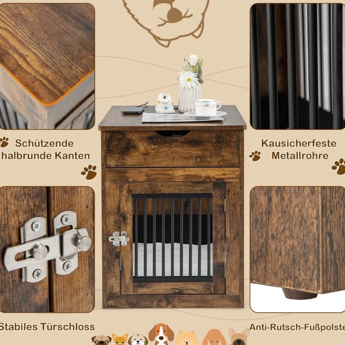 2 in 1 Hundekäfig Nachttish mit Ladestation & abschließbarer Tür & Schublade Braun