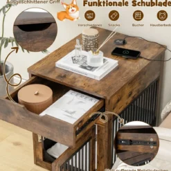 2 in 1 Hundekäfig Nachttish mit Ladestation & abschließbarer Tür & Schublade Braun