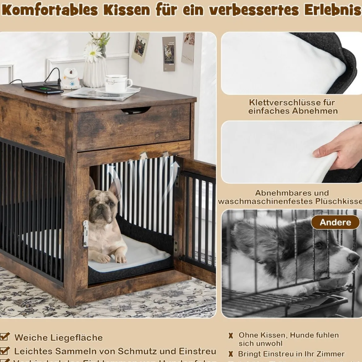 2 in 1 Hundekäfig Nachttish mit Ladestation & abschließbarer Tür & Schublade Braun