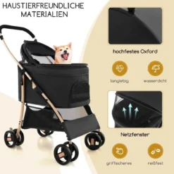 3 in 1 Hundewagen Hundebuggy klappbar bis 15 kg Haustierwagen mit Netzfenstern Schwarz