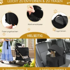 3 in 1 Hundewagen Hundebuggy klappbar bis 15 kg Haustierwagen mit Netzfenstern Schwarz