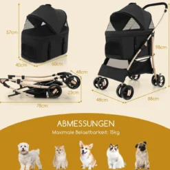 3 in 1 Hundewagen Hundebuggy klappbar bis 15 kg Haustierwagen mit Netzfenstern Schwarz