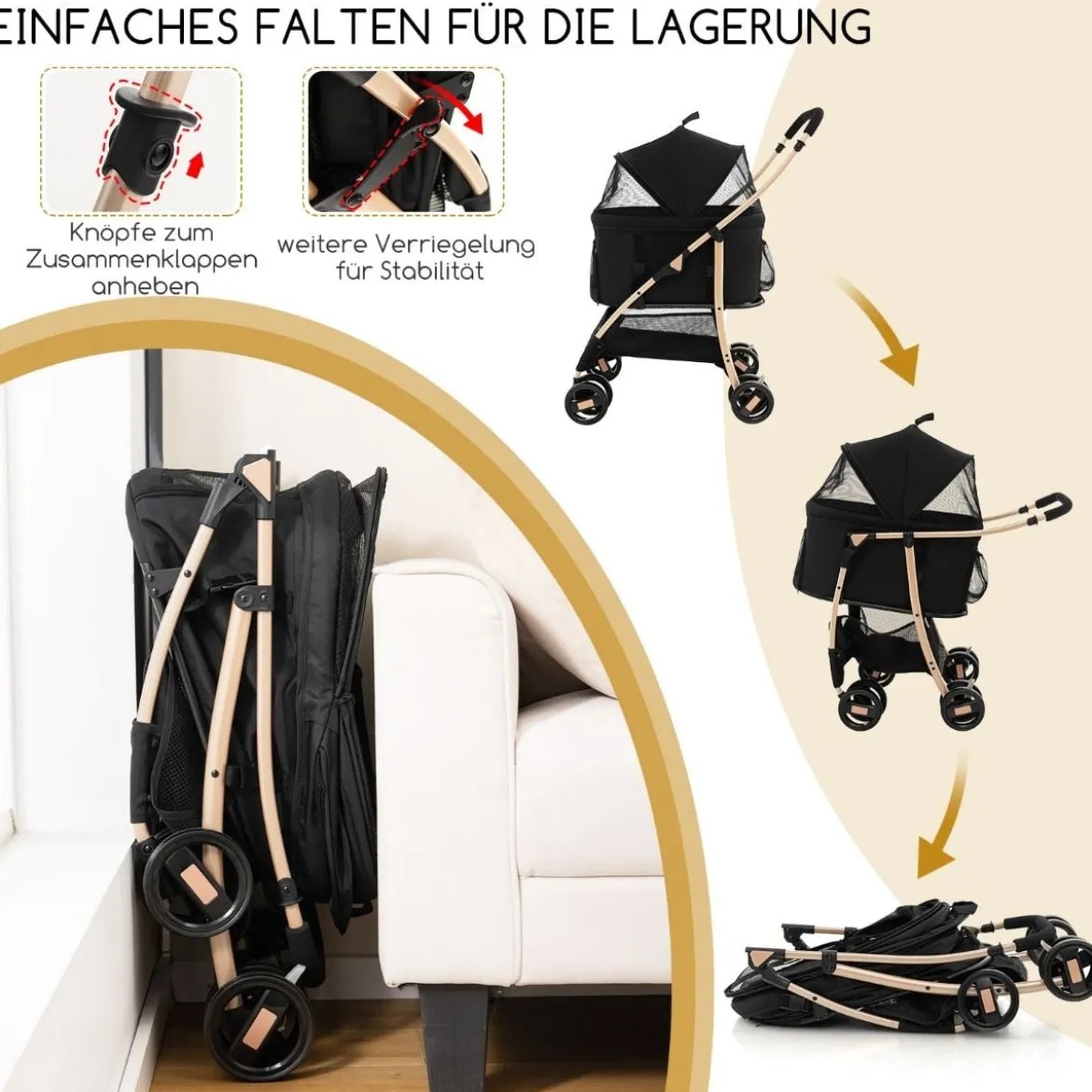 3 in 1 Hundewagen Hundebuggy klappbar bis 15 kg Haustierwagen mit Netzfenstern Schwarz