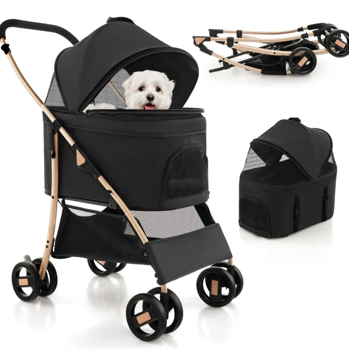 3 in 1 Hundewagen Hundebuggy klappbar bis 15 kg Haustierwagen mit Netzfenstern Schwarz