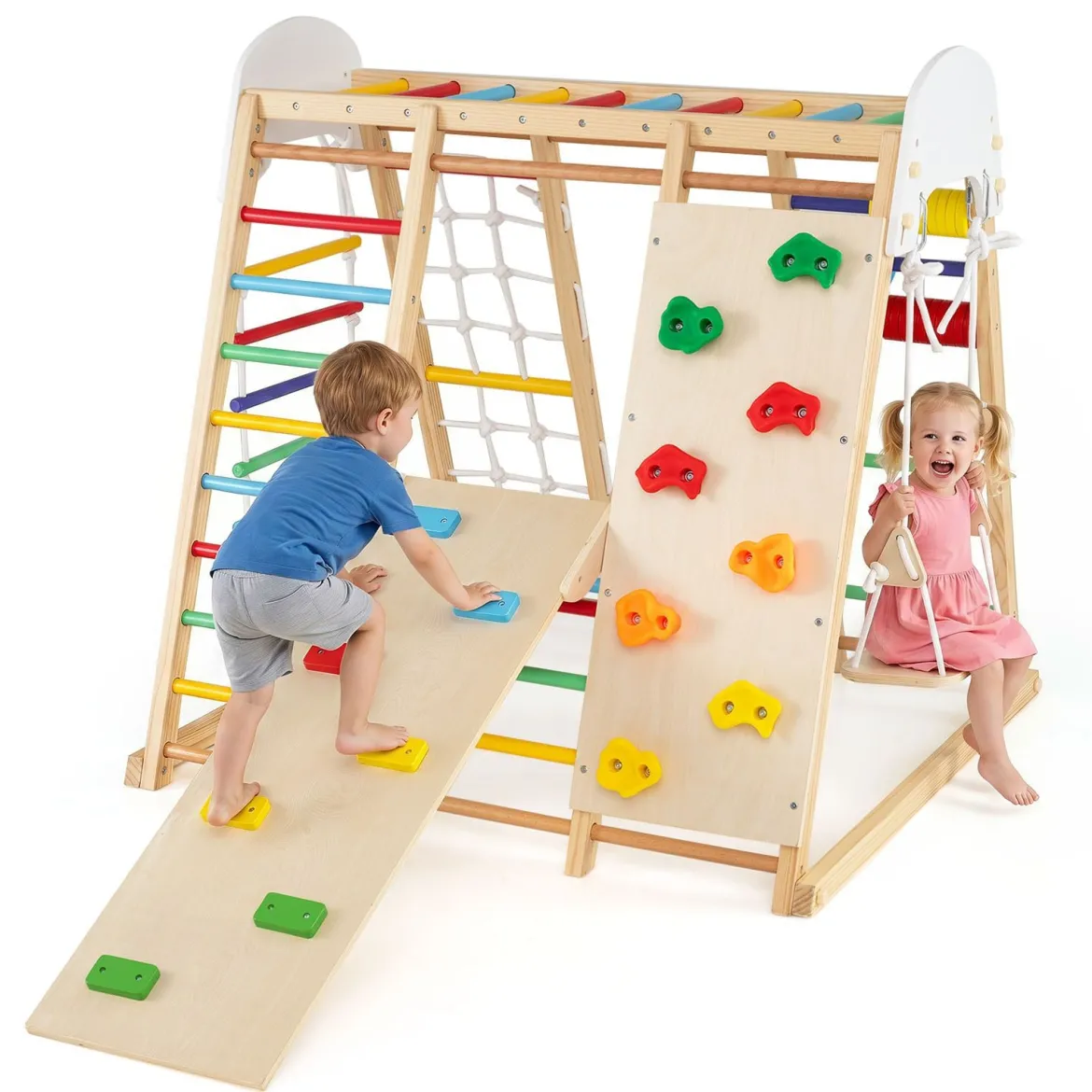 8 in 1 Indoor Klettergerüst aus Holz für Kinder ab 3 Jahren Klappbares Kletterspielzeug Set Bunt