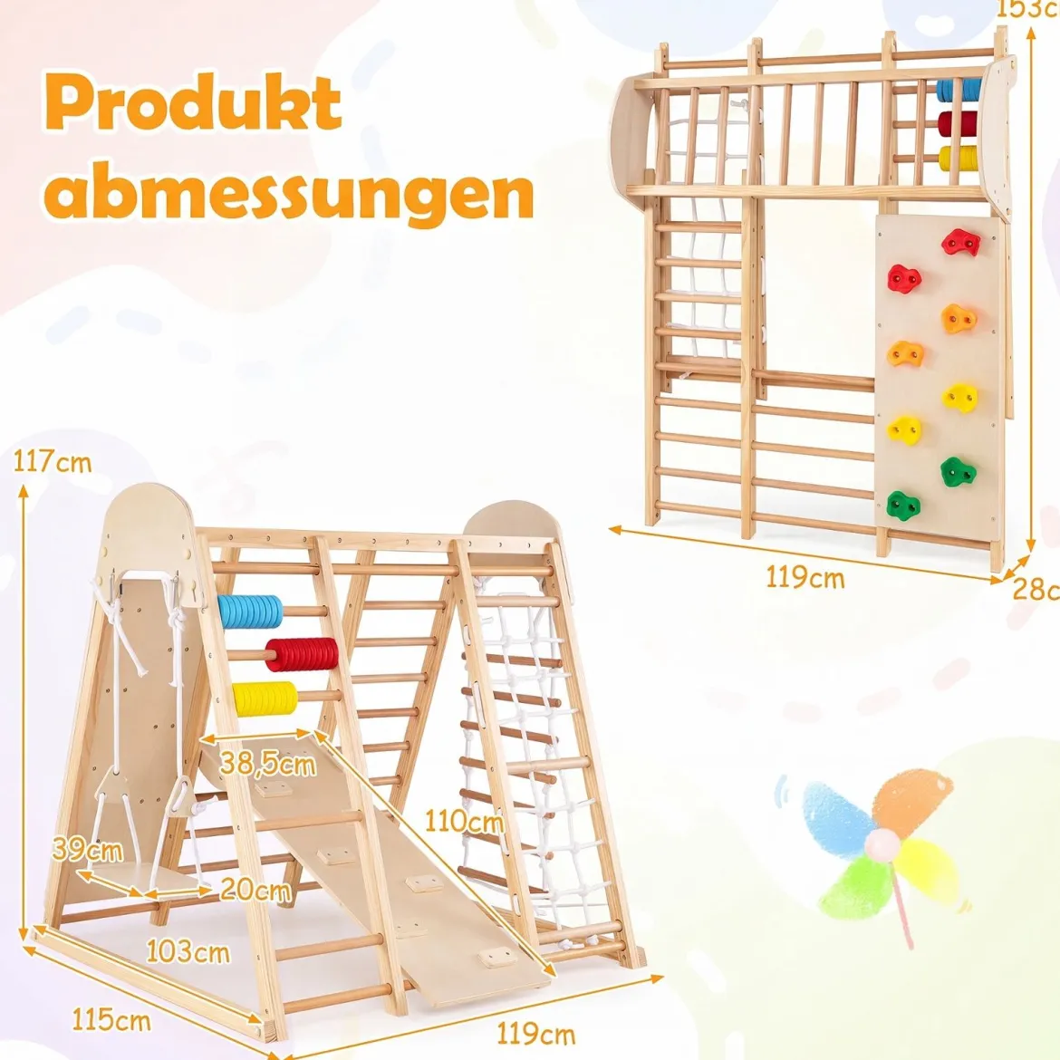 8 in 1 Indoor Klettergerüst aus Holz für Kinder ab 3 Jahren Klappbares Kletterspielzeug Set Natur
