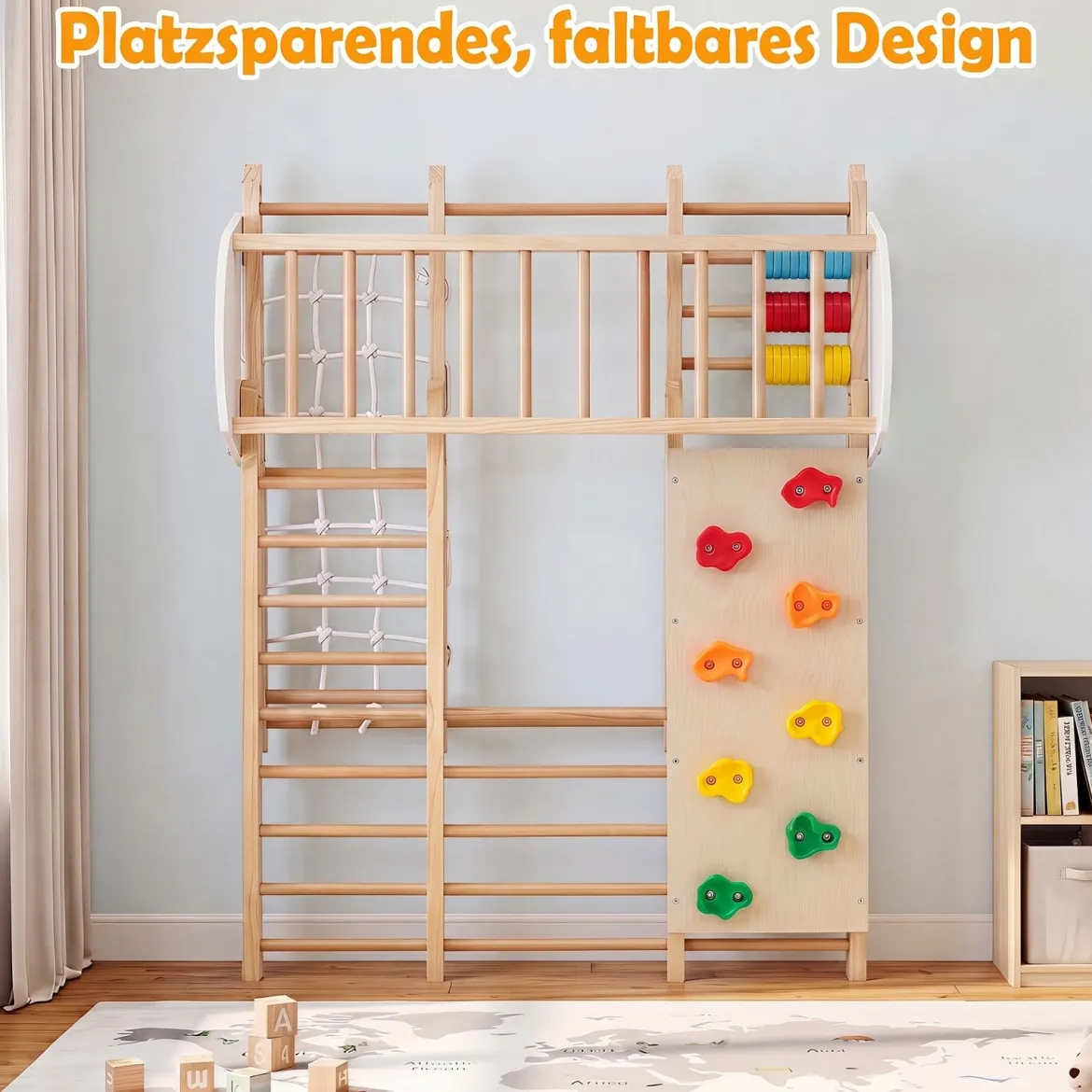 8 in 1 Indoor Klettergerüst aus Holz für Kinder ab 3 Jahren Klappbares Kletterspielzeug Set Natur