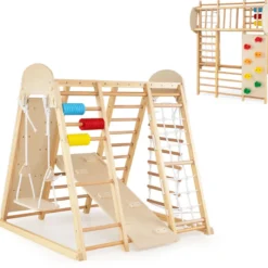 8 in 1 Indoor Klettergerüst aus Holz für Kinder ab 3 Jahren Klappbares Kletterspielzeug Set Natur