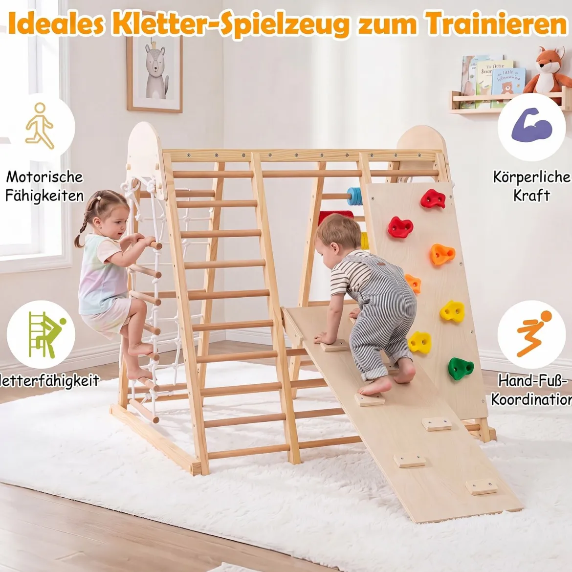 8 in 1 Indoor Klettergerüst aus Holz für Kinder ab 3 Jahren Klappbares Kletterspielzeug Set Natur