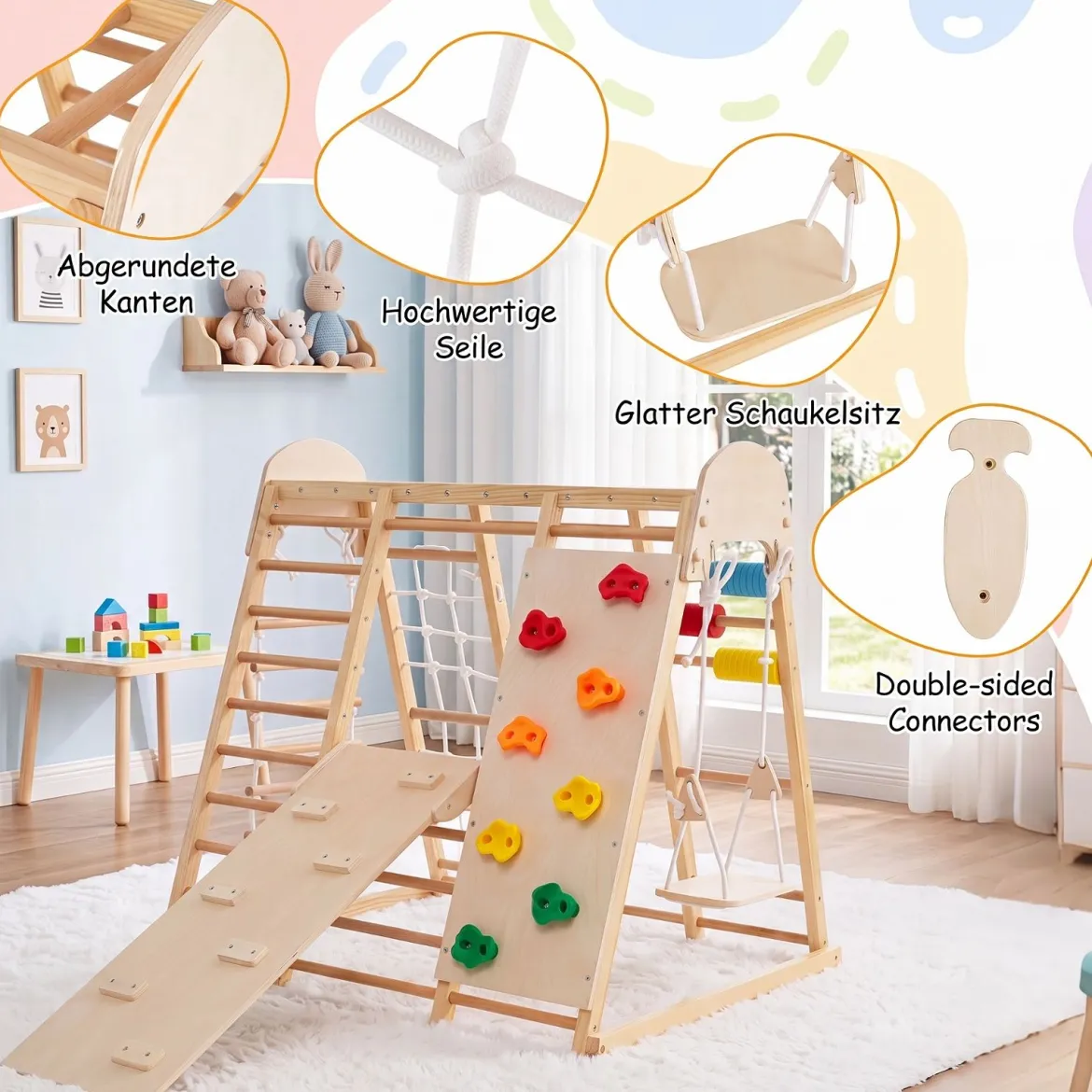8 in 1 Indoor Klettergerüst aus Holz für Kinder ab 3 Jahren Klappbares Kletterspielzeug Set Natur