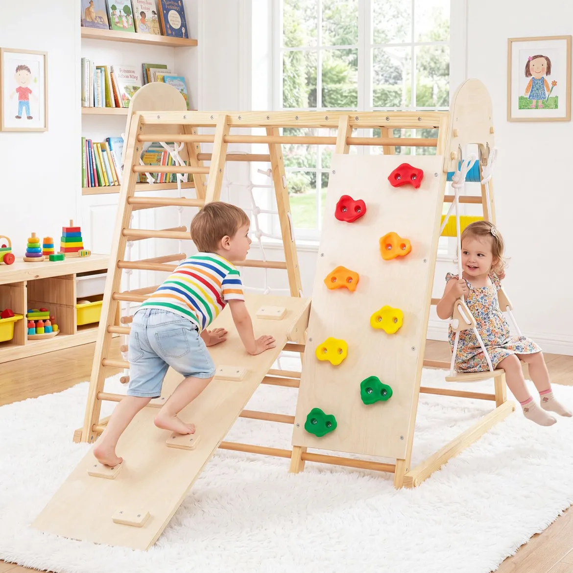 8 in 1 Indoor Klettergerüst aus Holz für Kinder ab 3 Jahren Klappbares Kletterspielzeug Set Natur