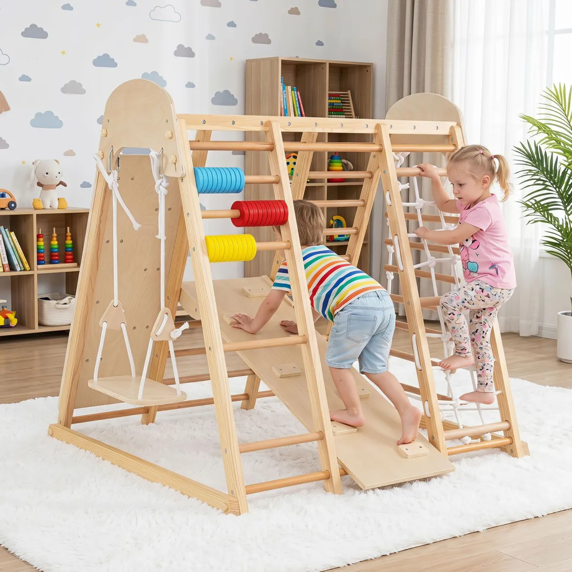 8 in 1 Indoor Klettergerüst aus Holz für Kinder ab 3 Jahren Klappbares Kletterspielzeug Set Natur