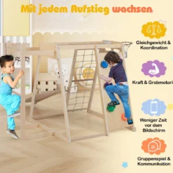 6-in-1 Indoor Klettergerüst Spielplatz mit Rutsche Kletterwand Basketballkorb Affenstange Seilnetz Natur