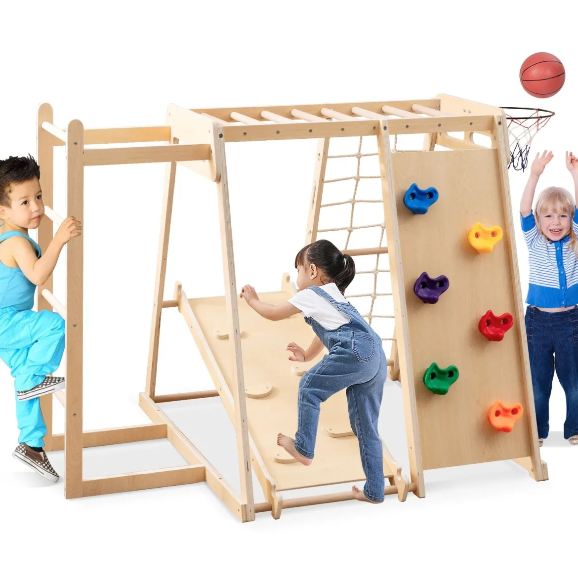 6-in-1 Indoor Klettergerüst Spielplatz mit Rutsche Kletterwand Basketballkorb Affenstange Seilnetz Natur