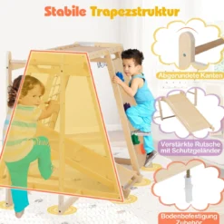 6-in-1 Indoor Klettergerüst Spielplatz mit Rutsche Kletterwand Basketballkorb Affenstange Seilnetz Natur