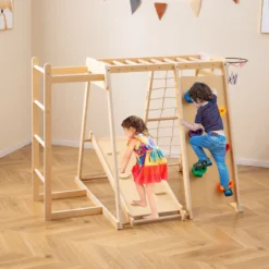 6-in-1 Indoor Klettergerüst Spielplatz mit Rutsche Kletterwand Basketballkorb Affenstange Seilnetz Natur