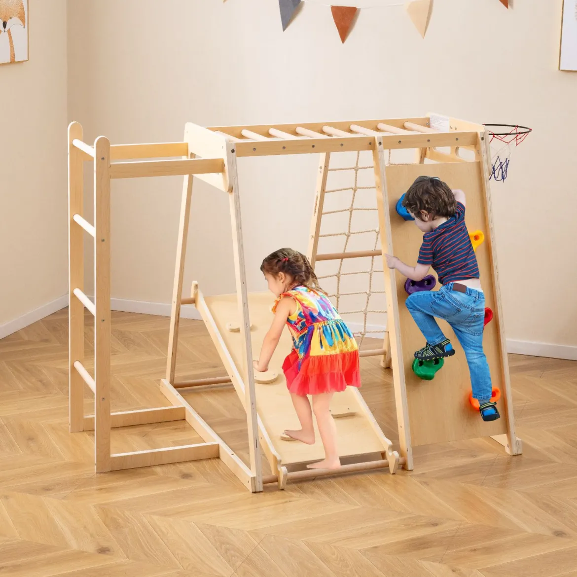 6-in-1 Indoor Klettergerüst Spielplatz mit Rutsche Kletterwand Basketballkorb Affenstange Seilnetz Natur