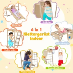 6-in-1 Indoor Klettergerüst Spielplatz mit Rutsche Kletterwand Basketballkorb Affenstange Seilnetz Natur
