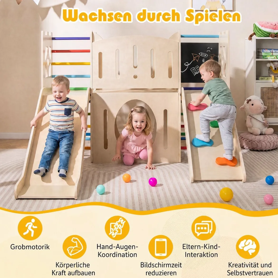 8-in-1 Indoor Spielplatz Holz mit Rutsche Kletterleiter Kletterrampe & Klettergerüst Mehrfarbig