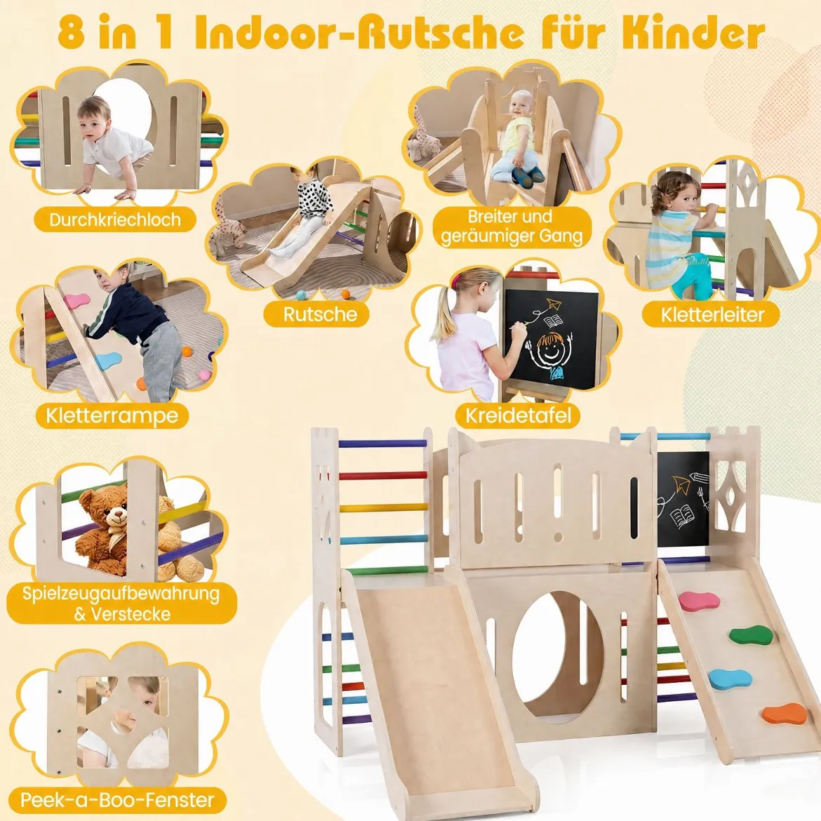 8-in-1 Indoor Spielplatz Holz mit Rutsche Kletterleiter Kletterrampe & Klettergerüst Mehrfarbig