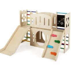 8-in-1 Indoor Spielplatz Holz mit Rutsche Kletterleiter Kletterrampe & Klettergerüst Mehrfarbig