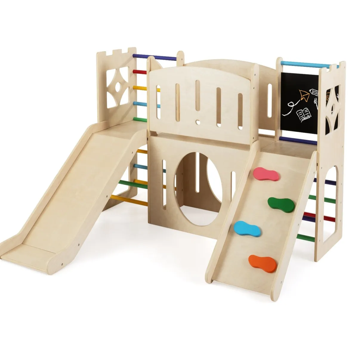 8-in-1 Indoor Spielplatz Holz mit Rutsche Kletterleiter Kletterrampe & Klettergerüst Mehrfarbig