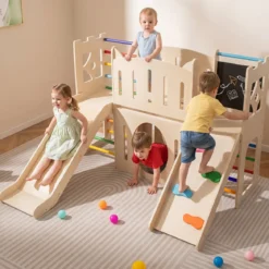 8-in-1 Indoor Spielplatz Holz mit Rutsche Kletterleiter Kletterrampe & Klettergerüst Mehrfarbig