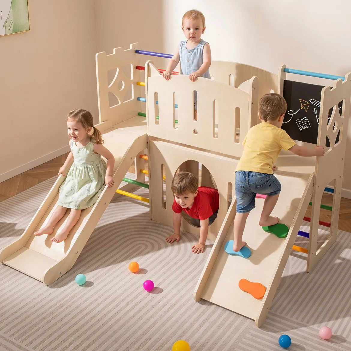 8-in-1 Indoor Spielplatz Holz mit Rutsche Kletterleiter Kletterrampe & Klettergerüst Mehrfarbig