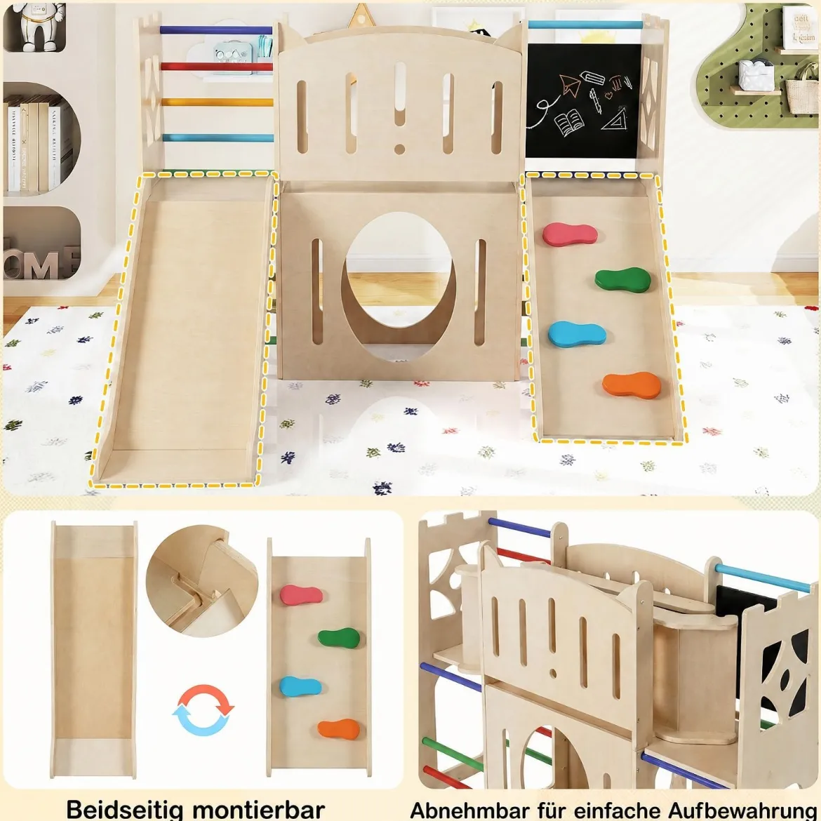 8-in-1 Indoor Spielplatz Holz mit Rutsche Kletterleiter Kletterrampe & Klettergerüst Mehrfarbig