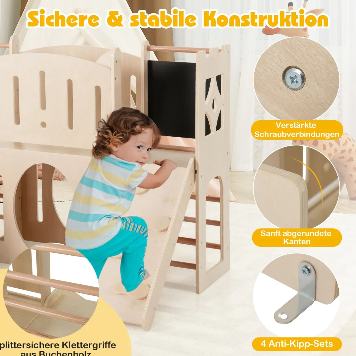 8-in-1 Indoor Spielplatz Holz mit Rutsche & Kletterleiter & Kletterrampe Kinder Rutsche mit Klettergerüst