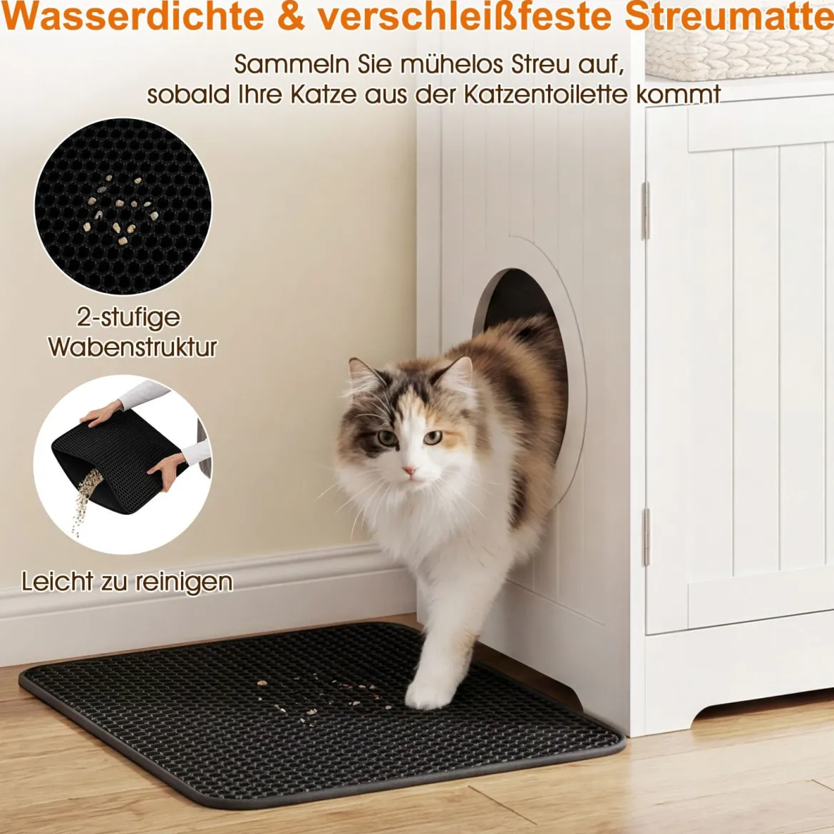 3 in 1 Katzenhaus Katzentoilette Beistelltisch mit Streumatte & 2 Abschließbaren Türen & Eingang & Fach