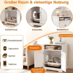 3 in 1 Katzenhaus Katzentoilette Beistelltisch mit Streumatte & 2 Abschließbaren Türen & Eingang & Fach