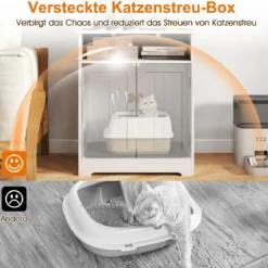 3 in 1 Katzenhaus Katzentoilette Beistelltisch mit Streumatte & 2 Abschließbaren Türen & Eingang & Fach