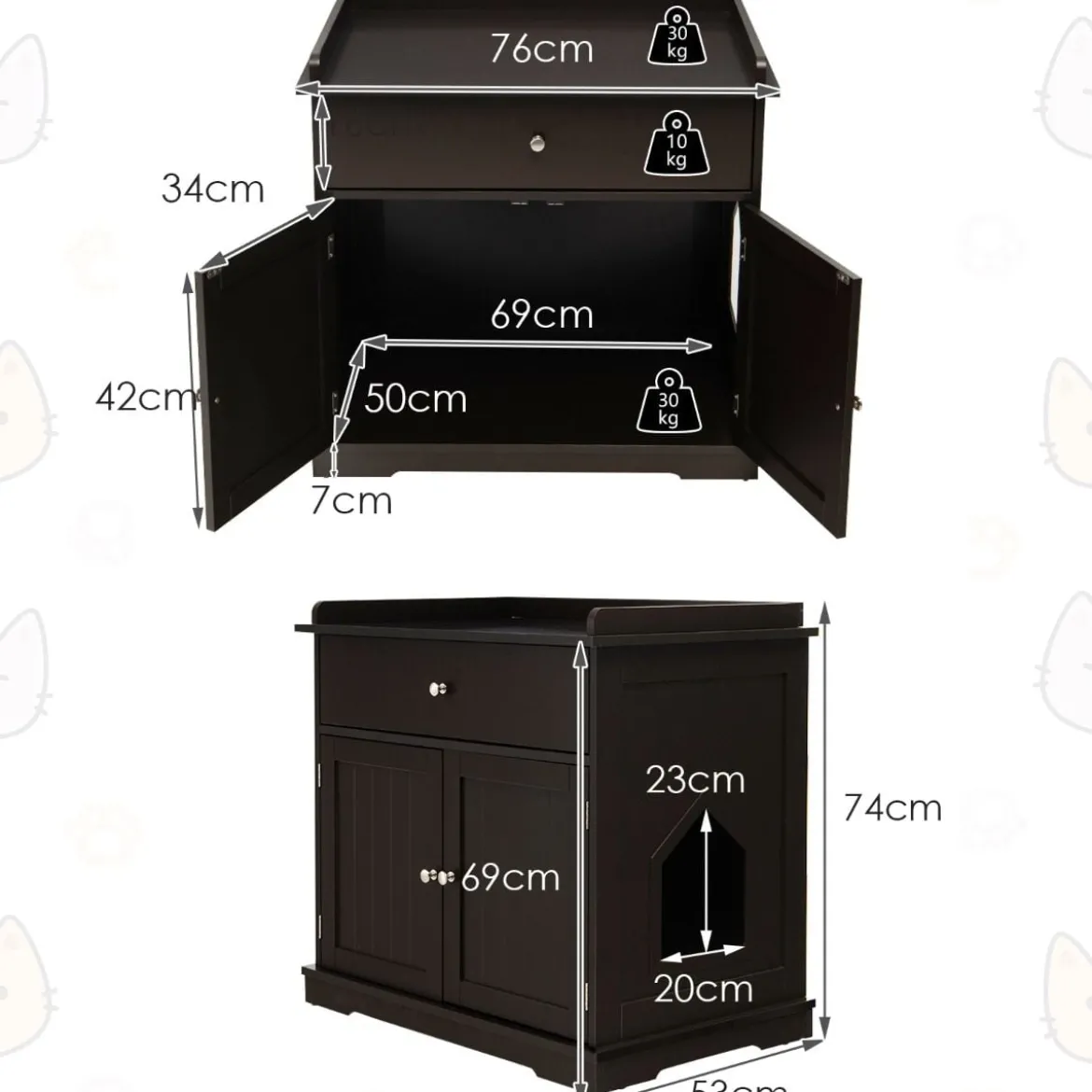 3 in 1 Katzenhaus Katzentoilette Beistelltisch mit Schublade & Tür & Eingang Katzenklo Braun