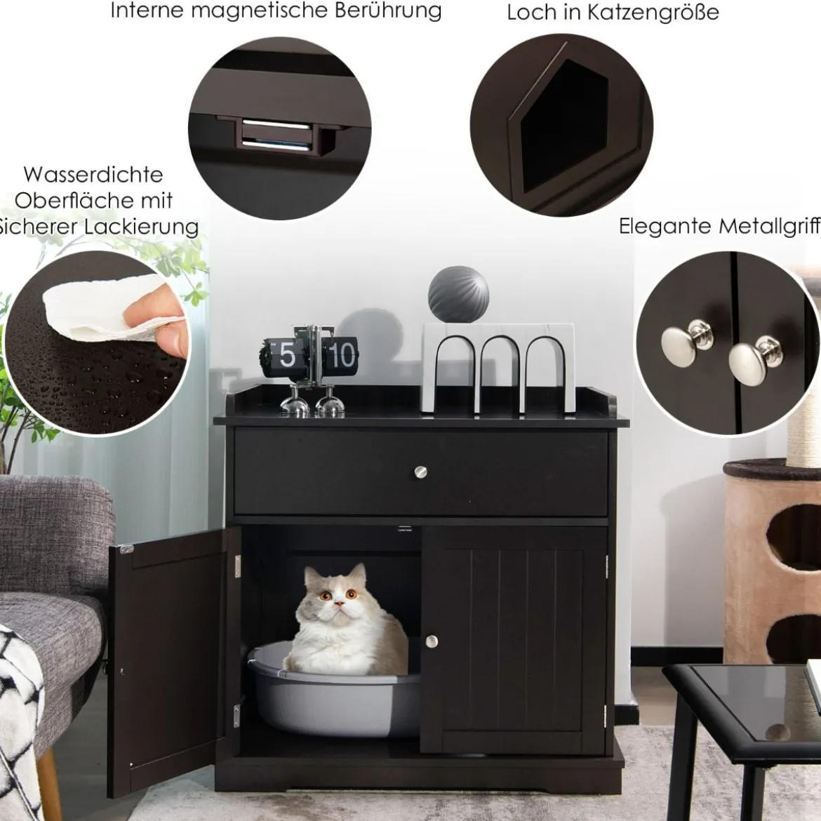 3 in 1 Katzenhaus Katzentoilette Beistelltisch mit Schublade & Tür & Eingang Katzenklo Braun