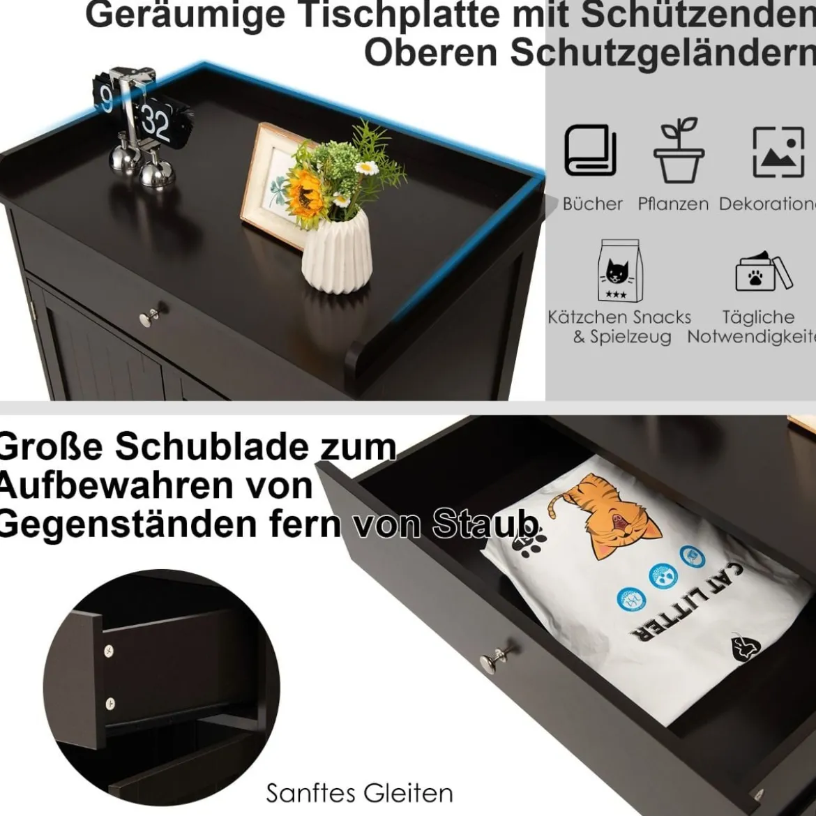 3 in 1 Katzenhaus Katzentoilette Beistelltisch mit Schublade & Tür & Eingang Katzenklo Braun