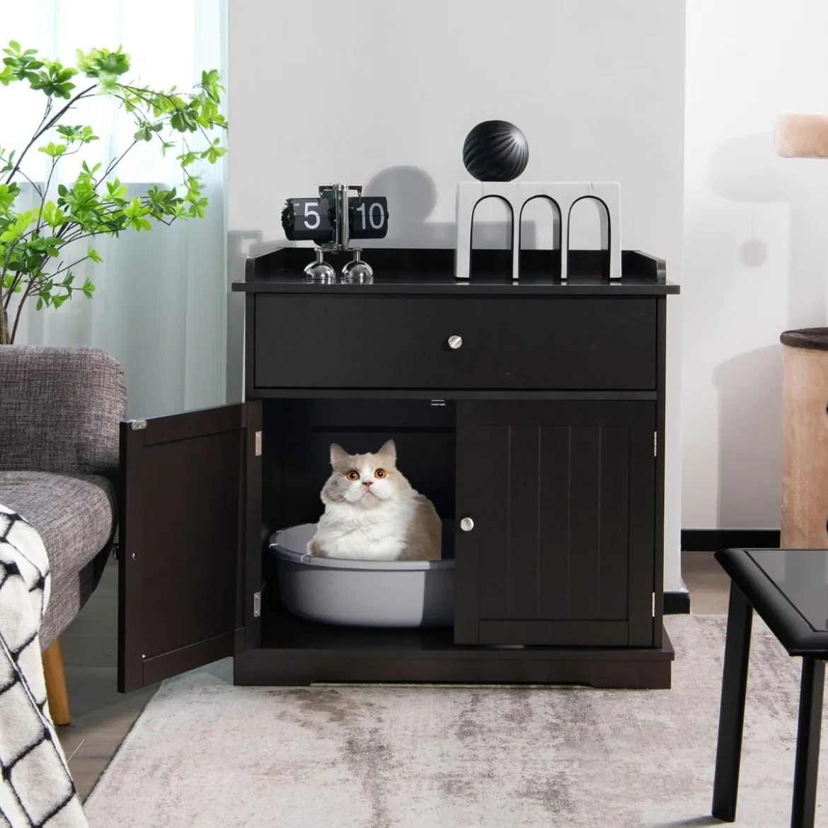 3 in 1 Katzenhaus Katzentoilette Beistelltisch mit Schublade & Tür & Eingang Katzenklo Braun
